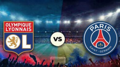 Lyon (OL) crest on the left and Paris Saint-Germain crest on the right, a 'VS' ball in the center with a stadium and cheering crowd behind.