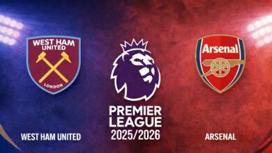 Banner showing West Ham United and Arsenal crests flanking the Premier League 2025/2026 emblem