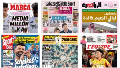 Collage of international sports newspaper front pages with bold headlines and athlete photos.