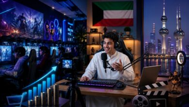 Live streamer at a desk with microphone and ring light, city skyline visible through the window; Kuwait flag in the background.