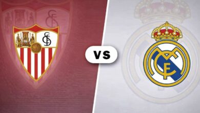 Sevilla FC vs Real Madrid graphic with a white rounded 'VS' badge in the center.