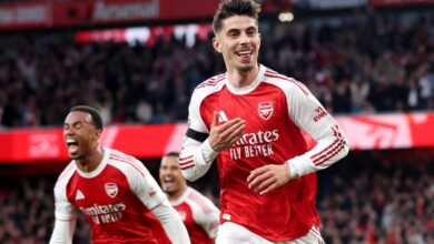 Arsenal players in red and white jerseys celebrate a goal on the pitch with fans in the stands behind them.