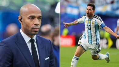 Side-by-side: left image shows a bald man in a navy suit with a white shirt and black tie, wearing an earpiece; right image shows a soccer player in a light-blue and white striped Argentina jersey celebrating on the field.