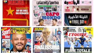 Collage of sports front pages from Europe and the Middle East with bold headlines about finals and stars.