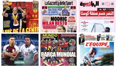 Collage of soccer newspaper covers in Italian, French, and Arabic, showing headlines and players' images on sports front pages